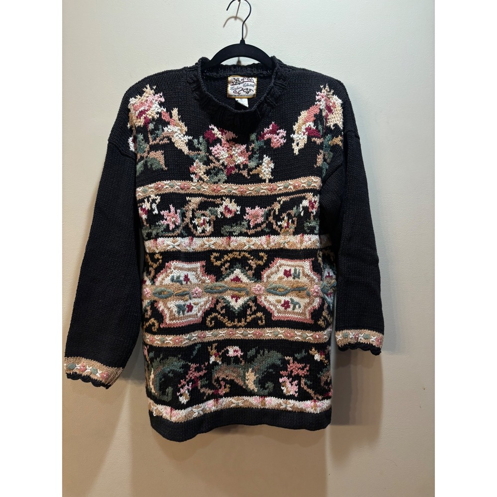 Vintage Heritage Collectibles Black Floral Embroidered Knit Sweater Size M Ramie